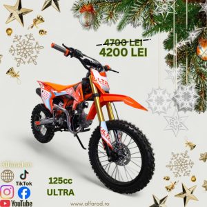 Cross 125cc, Ultra Motocross, Pornire - kickstart, Motor in 4 timpi, Cutie de viteze in 4 trepte, Roti 17/14 inch, Saua negru-portocaliu